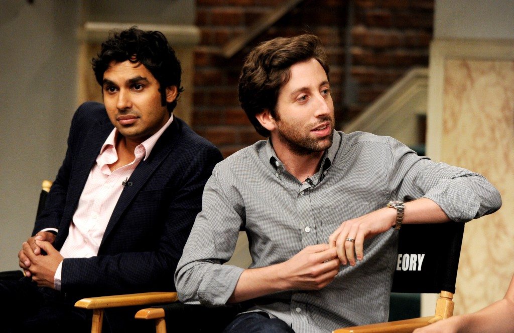 BURBANK, CA - AUGUST 15: Actors Kunal Nayyar (L) and Simon Helberg appear on the set of "The Big Bang Theory" for a dialogue with members of The Academy of Television Arts and Sciences at Warner Bros. Studios on August 15, 2013 in Burbank, California. (Photo by Kevin Winter/Getty Images)