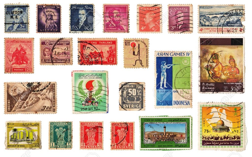11717434-Vintage-Grunge-used-postage-stamps-collection-from-different-countries-isolated-on-white-Stock-Photo